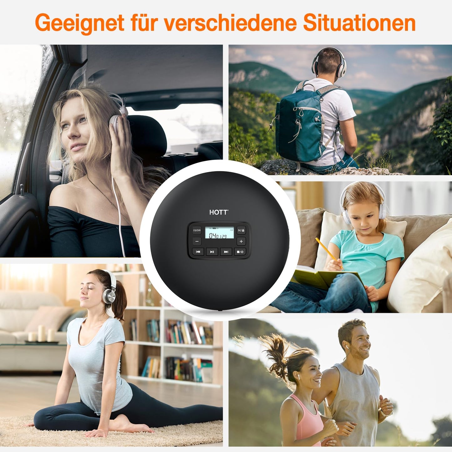 HOTT CD204 Portable CD Player, Walkman Compact Player, portable CD player, MP3 player, with anti-shock headphones, for audiobooks, music, checkers for kids and adults (black)