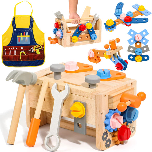 hifunti Tool Set Kids Workbench Montessori Toy from 2 Years Wooden Toolbox Gifts for 2 3 4 Year Old Boys Girls with Apron Learning Games Children's Toys from 3 4 Years (39 Pieces)
