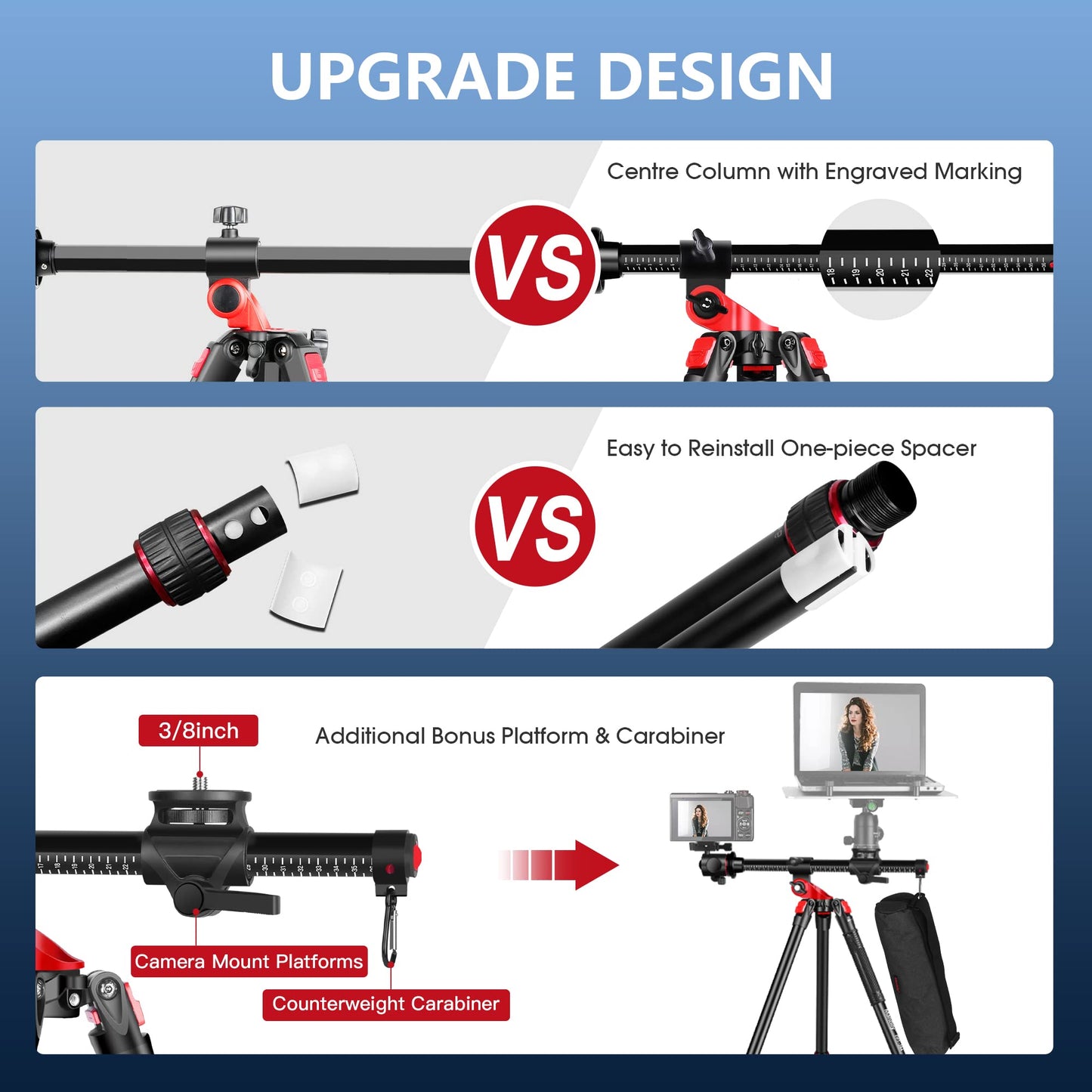 Camera tripod Manbily 178cm 70" horizontal overhead 360° aluminum tripod monopods rotating center column arm 180° travel tripod 36mm ball head & mounting platform for DSLR camera video camcorder