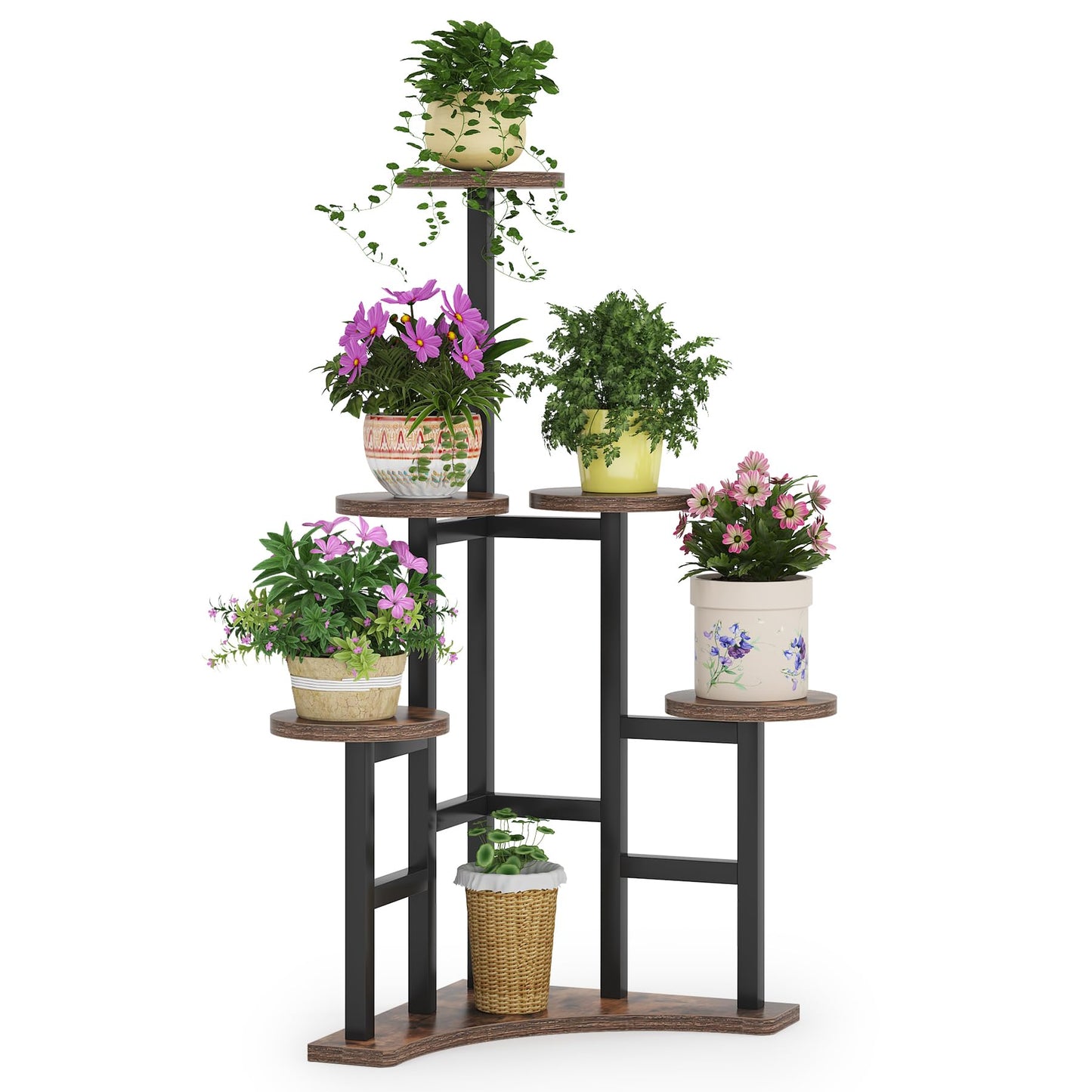 Tribesigns flower stand, plant shelf indoor, 6 levels flower rack indoor, metal plant stand flower rack pot for living room, balcony, garden, rustic brown