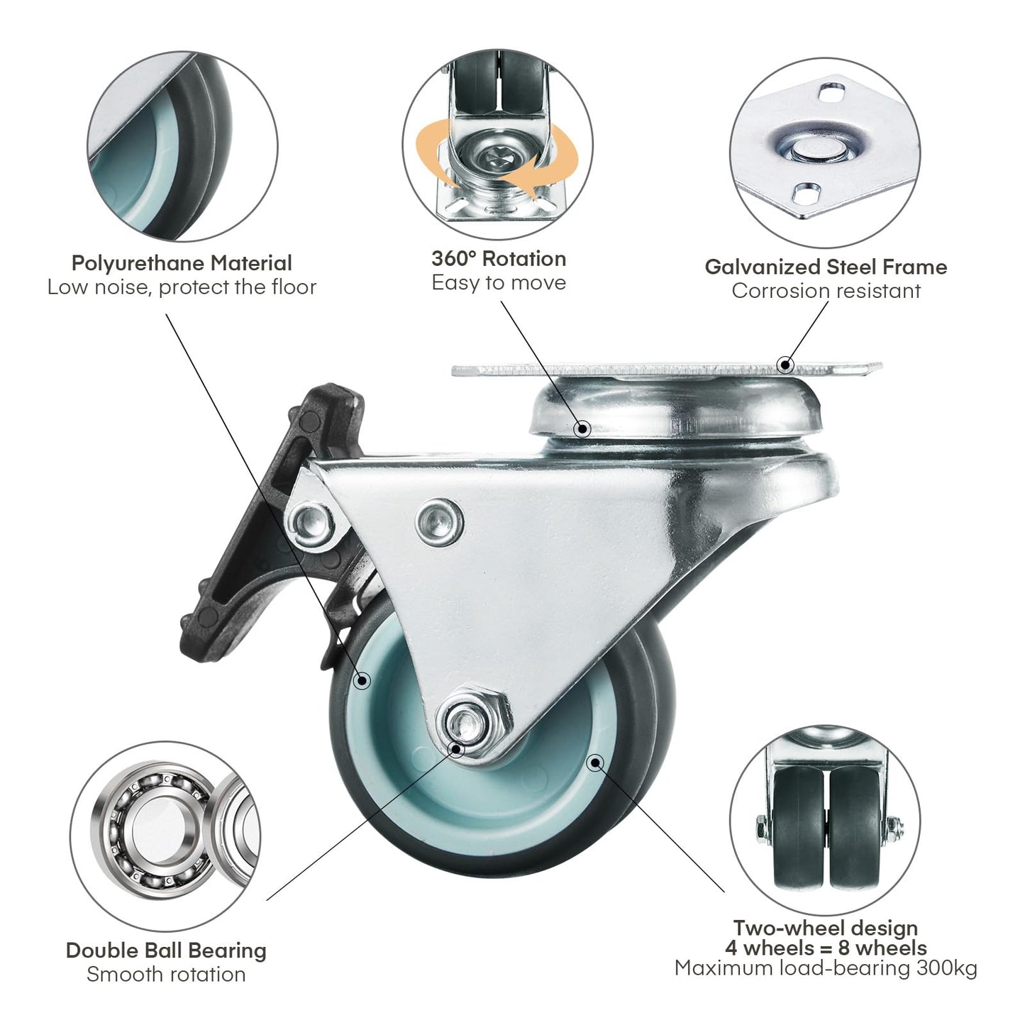 8 pieces double casters swivel casters with brake 50mm transport castors furniture castors with brake up to 400kg beach chair castors heavy duty wheels 360° rotation silent operation (4 brake castors, 4 swivel castors)