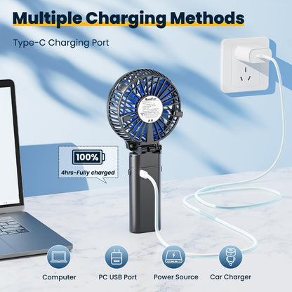 HandFan 5200mAh Battery Operated Handheld Fan Portable Hand Fan with Powerbank USB 180° Foldable Desktop Fan Personal 3 Speed Fan for Office Home Outdoor Camping Stroller