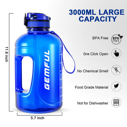 3L Motivational Water Bottle with Straw, Time Markings, & Handle! Stay hydrated & crush your fitness goals at the gym, outdoors, & in the office (Royal Blue)