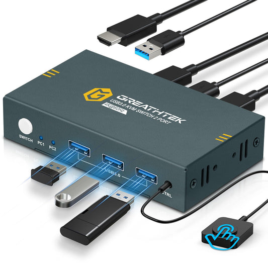 4K60 Hz USB 3.0 HDMI KVM Switch 2 PC 1 Monitor, KVM switches for 2 computers sharing 1 set of printer, mouse, and keyboard, with 3 USB 3.0 ports. Includes 2 USB 3.0 cables.