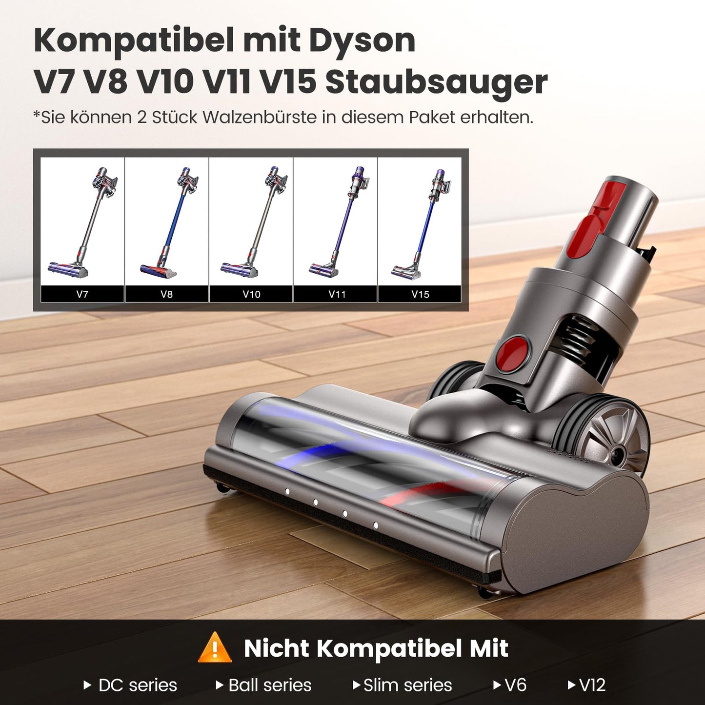 Electric motor Turbo floor brush head Compatible with Dyson V7 V8 V10 V11 V15, Direct drive electric brush floor nozzle accessory for hard floors and carpets (2 piece brush roller)