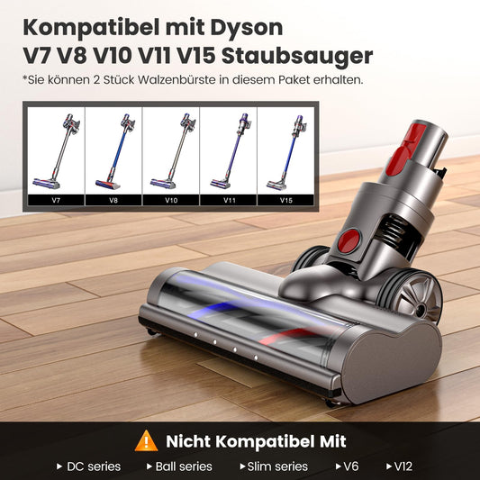 Electric motor Turbo floor brush head Compatible with Dyson V7 V8 V10 V11 V15, Direct drive electric brush floor nozzle accessory for hard floors and carpets (2 piece brush roller)