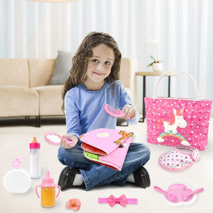 Baby doll accessories - Baby doll feeding and care set with diaper, doll changing bag, and bottles for girls' toy gift. Doll accessories include clothes for 14-16 inch, 18 inch, and 43 cm dolls.