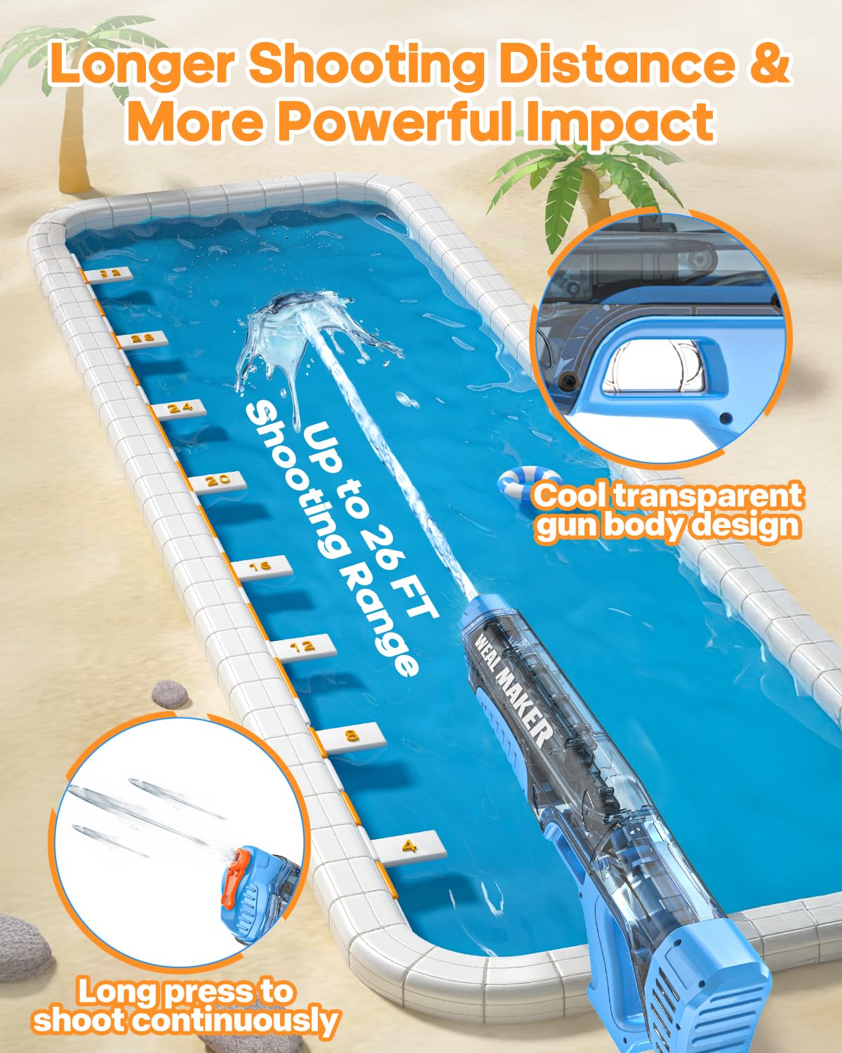 Artcool Electric Water Gun, Fast Automatic Suction Power, 220+ Continuous Water Gun, Range 7-9M, Powerful and Waterproof Water Guns IP67 for Adults (Red+Blue)