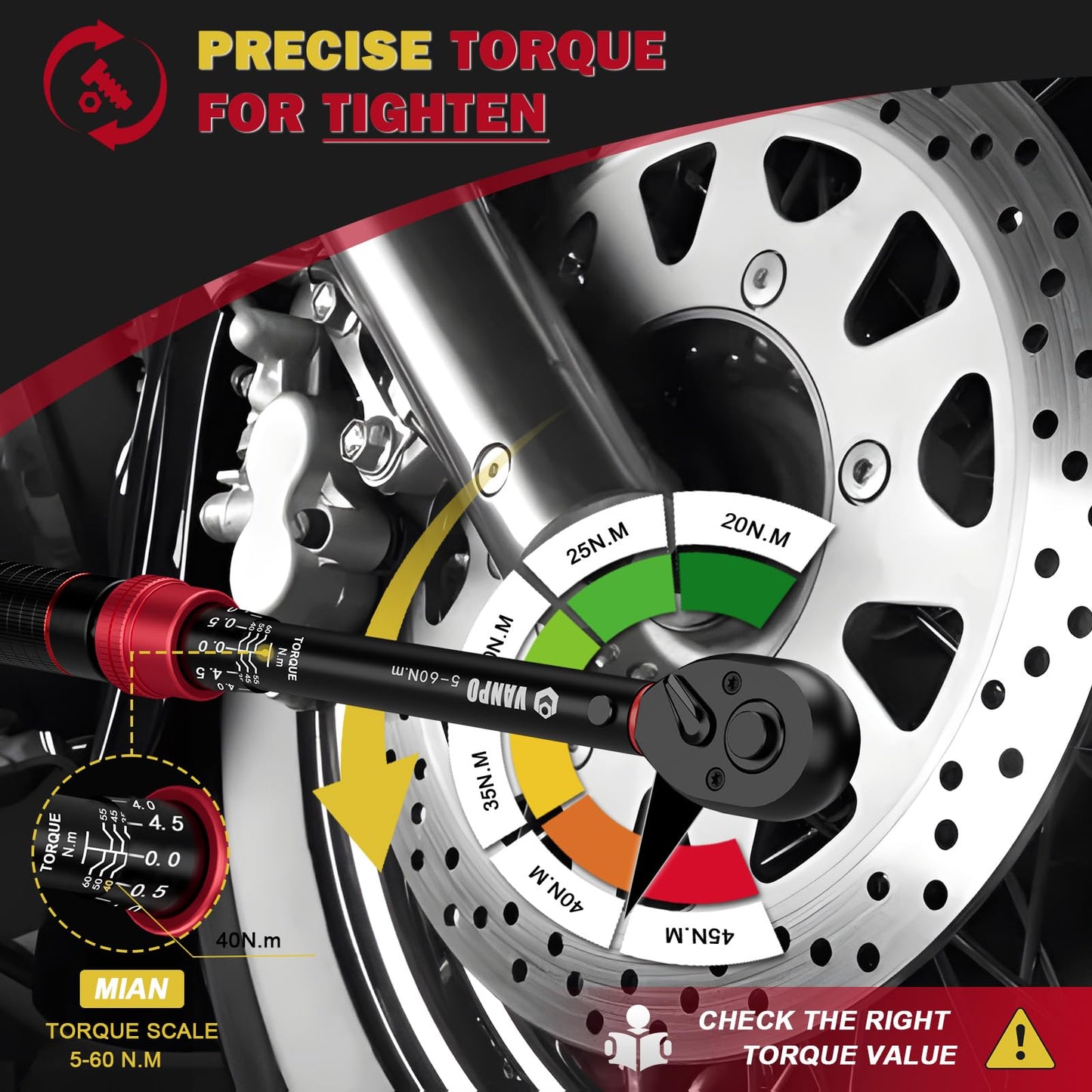VANPO 3/8 inch torque wrench 5-60Nm, 72 teeth bicycle & motorcycle torque wrench set 3 pieces with 125mm extension bar, 3/8"-1/4" adapter, for car spark plug replacement.