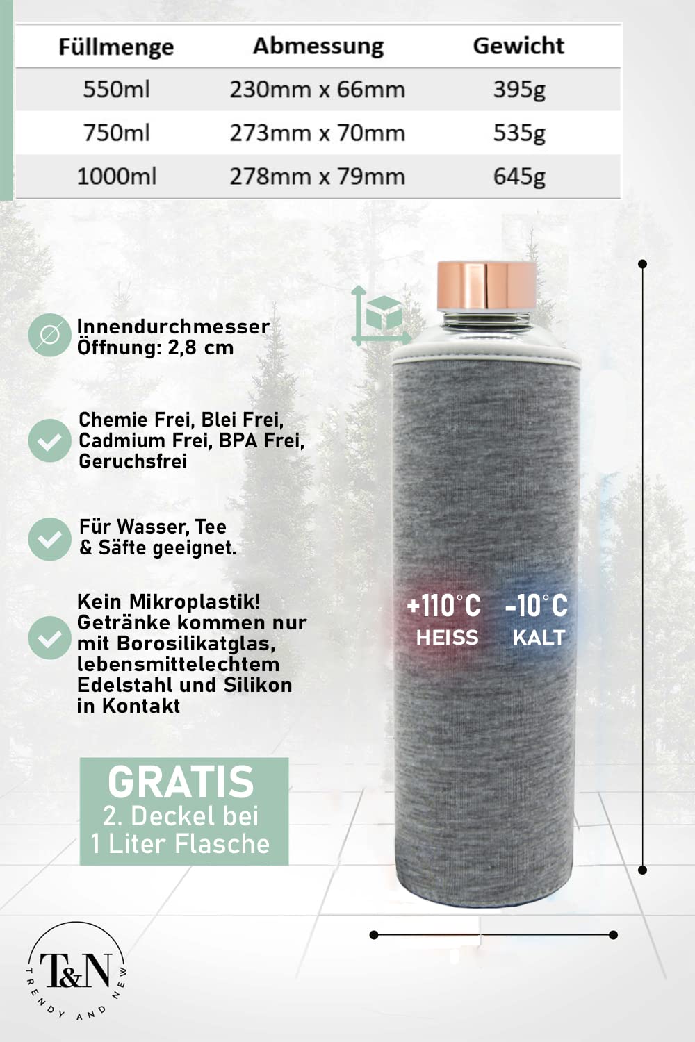 T&N glass bottle 1 liter / 750ml / 500ml - Glass drinking bottle 1l with neoprene sleeve - Leak-proof glass water bottle - Thicker borosilicate glass suitable for carbonation.