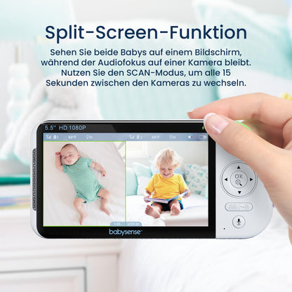Babysense baby monitor with camera and 5.5-inch 1080p full HD split screen display, 2 cameras, RGB night light, 5000mAh large battery, 2-way audio, 4X zoom, no WiFi, Model: MaxView-2CAM