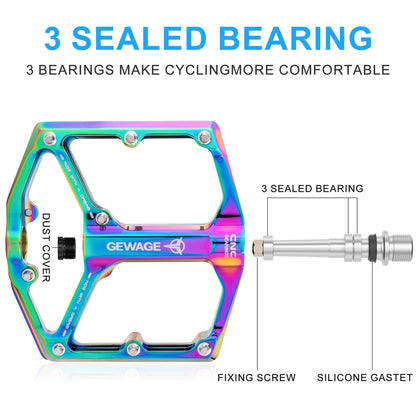 Daring road/mountain bike pedals - 3 bearing bike pedals - CNC-machined 9/16-inch flat pedals with removable anti-slip pins (Colored)