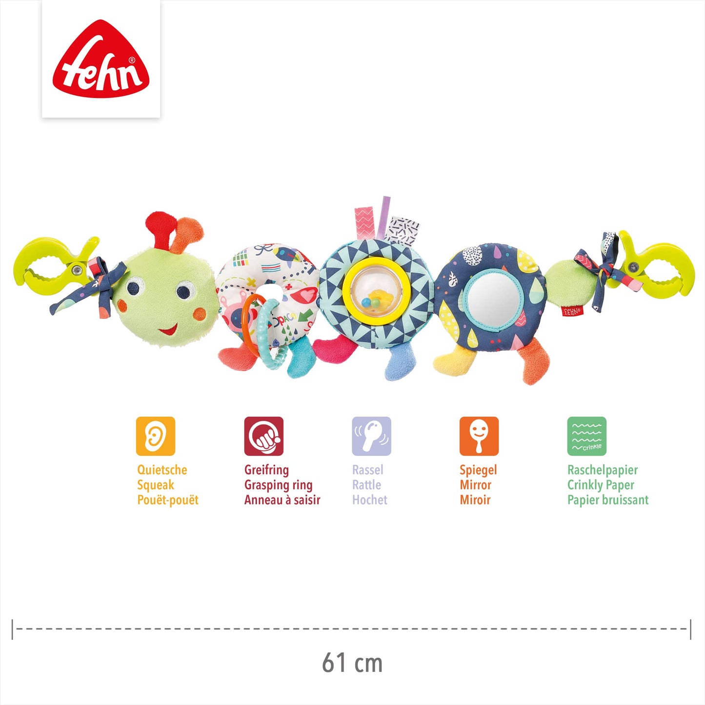 Fehn stroller chain baby mobile caterpillar COLOR Friends - Baby mobile chain with cute caterpillar figure - Baby toy for flexible hanging - stroller toy for babies and toddlers from 0+ months