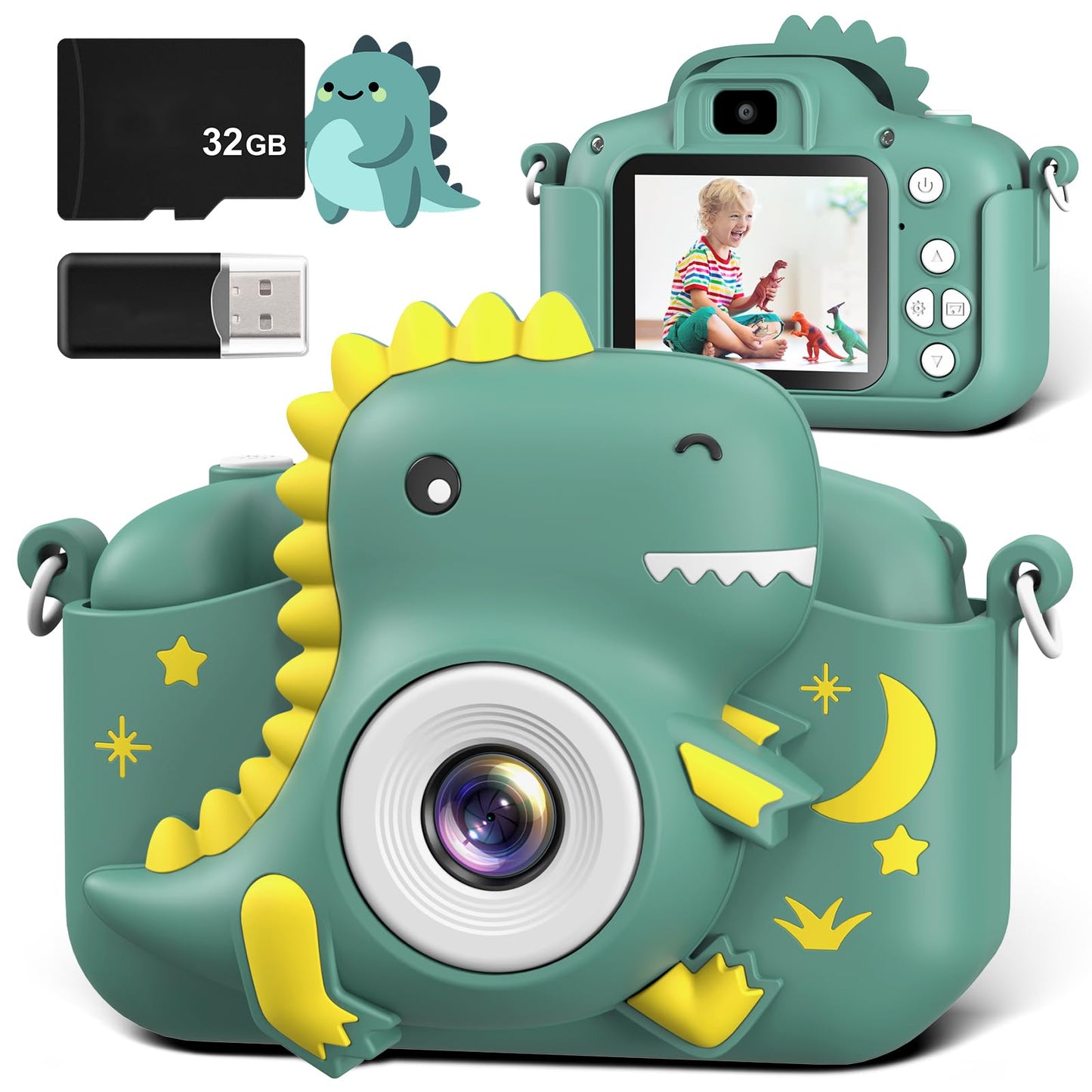 GREENKINDER Children's Camera, 2.0" Screen Kids Camera with 32GB Card, 20MP & 1080P HD Selfie Digital Camera for Children, Dinosaur Gifts for 3-12 Year Old Boys and Girls