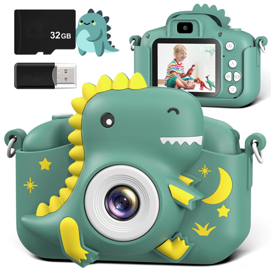 GREENKINDER Children's Camera, 2.0" Screen Kids Camera with 32GB Card, 20MP & 1080P HD Selfie Digital Camera for Children, Dinosaur Gifts for 3-12 Year Old Boys and Girls