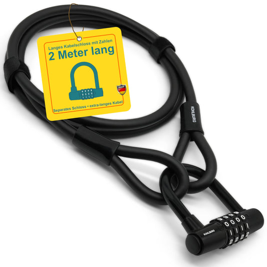 KOHLBURG Cable Lock 2 meters long with number combination - 200cm combination lock - steel cable lock with Velcro fasteners - steel cable, with number code for bike, garden furniture & bike lock