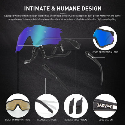 KAPVOE Polarized Cycling Glasses with 4 interchangeable lenses TR90 frame for men women outdoor sports cycling MTB sports sunglasses biking glasses driving fishing running baseball Blue Black 01