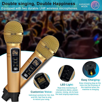 ALPOWL Karaoke Machine for kids and adults, portable Bluetooth speaker PA system with 2 UHF wireless microphones for home party, wedding, church, picnic, outdoor/indoor (Gold)