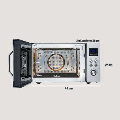SEVERIN 3-in-1 microwave with glass bottom, grill, and hot air function, large cooking area for square dishes, black/stainless steel, MW 7777