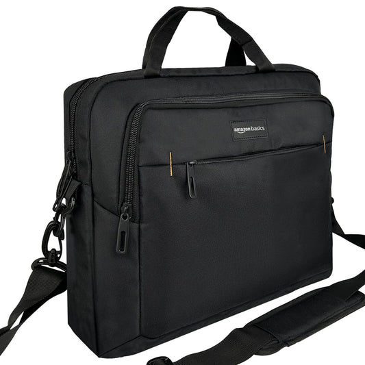 Amazon Basics Compact Laptop Bag, Shoulder/Carry Bag with accessory storage pockets, for laptops up to 15.6 inches (39.6 cm), Black, 1 piece