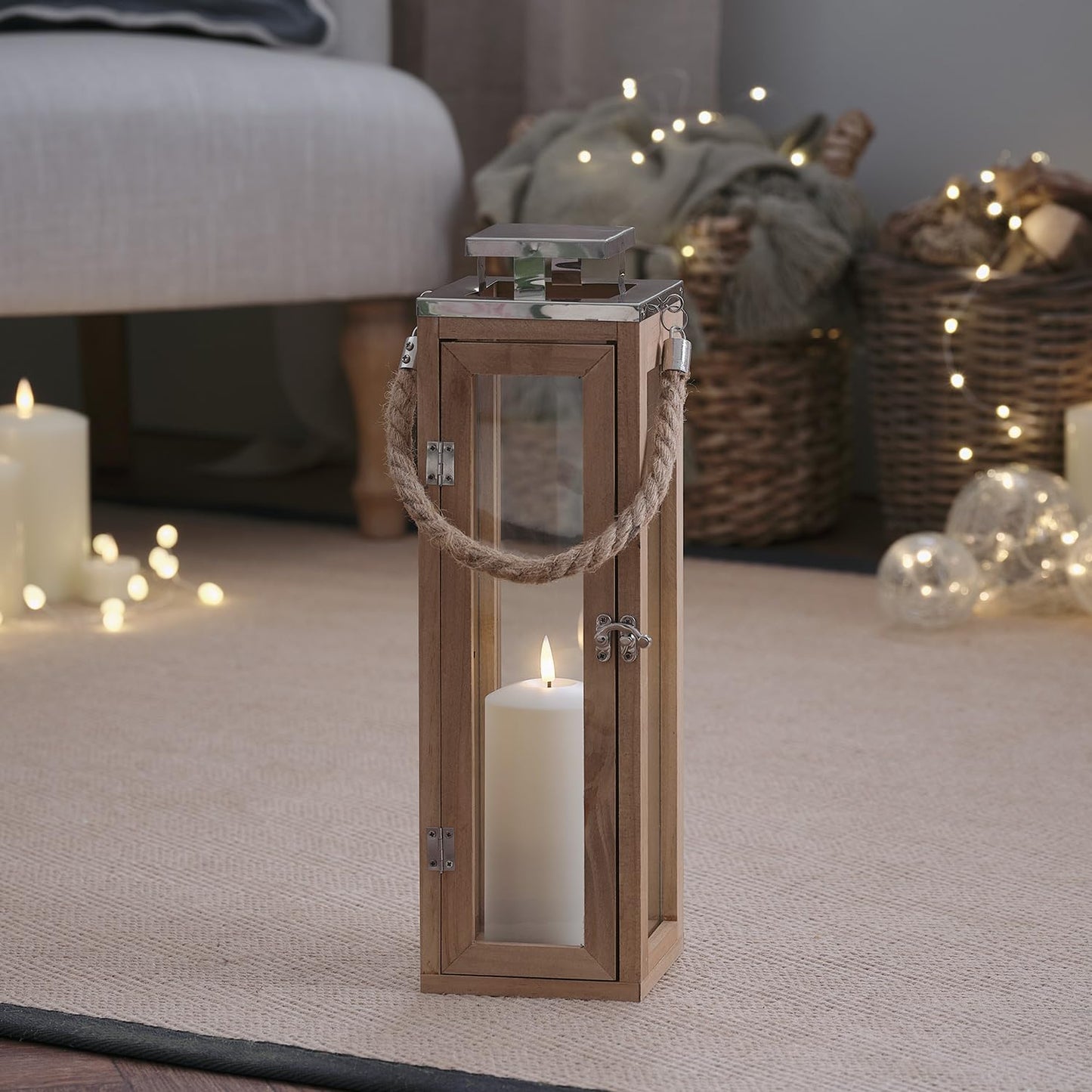 Lights4fun Salcombe wooden lantern with LED candle battery operated timer real wood lantern indoor with timer lighting wind light patio balcony 34 cm