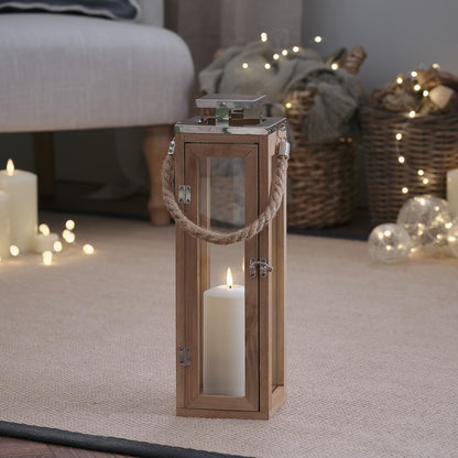 Lights4fun Salcombe wooden lantern with LED candle battery operated timer real wood lantern indoor with timer lighting wind light patio balcony 34 cm