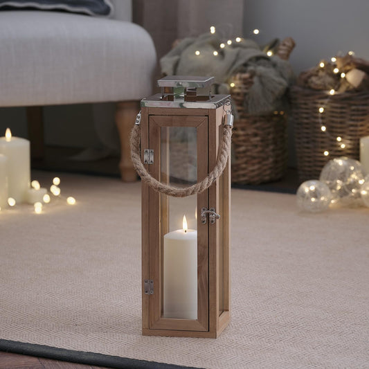 Lights4fun Salcombe wooden lantern with LED candle battery operated timer real wood lantern indoor with timer lighting wind light patio balcony 34 cm