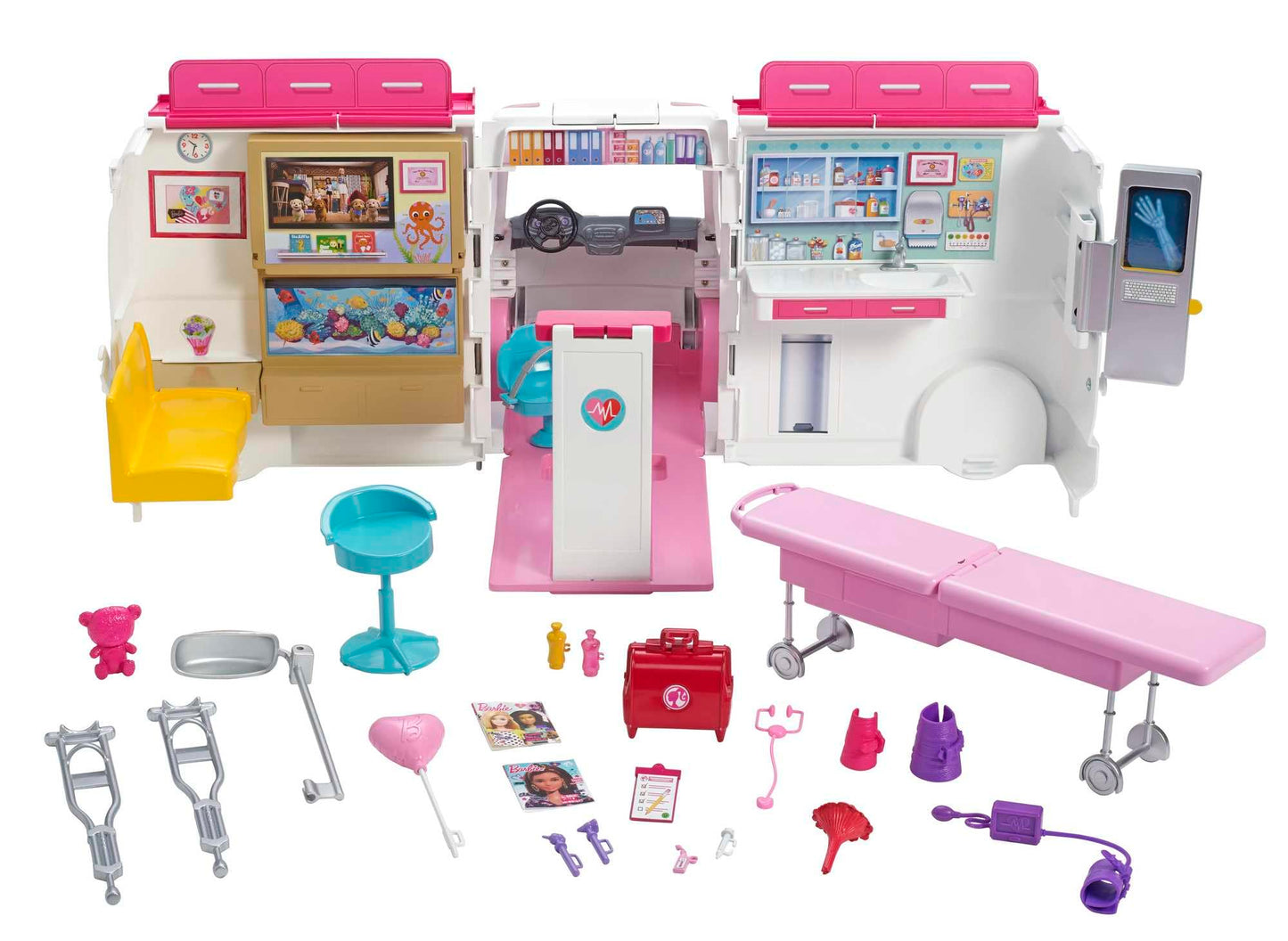 Barbie Ambulance, 2-in-1 including a fold-out hospital playset with lights and sounds, 20+ Barbie accessories like doctor's bag and crutches, toy for ages 3 and up, FRM19