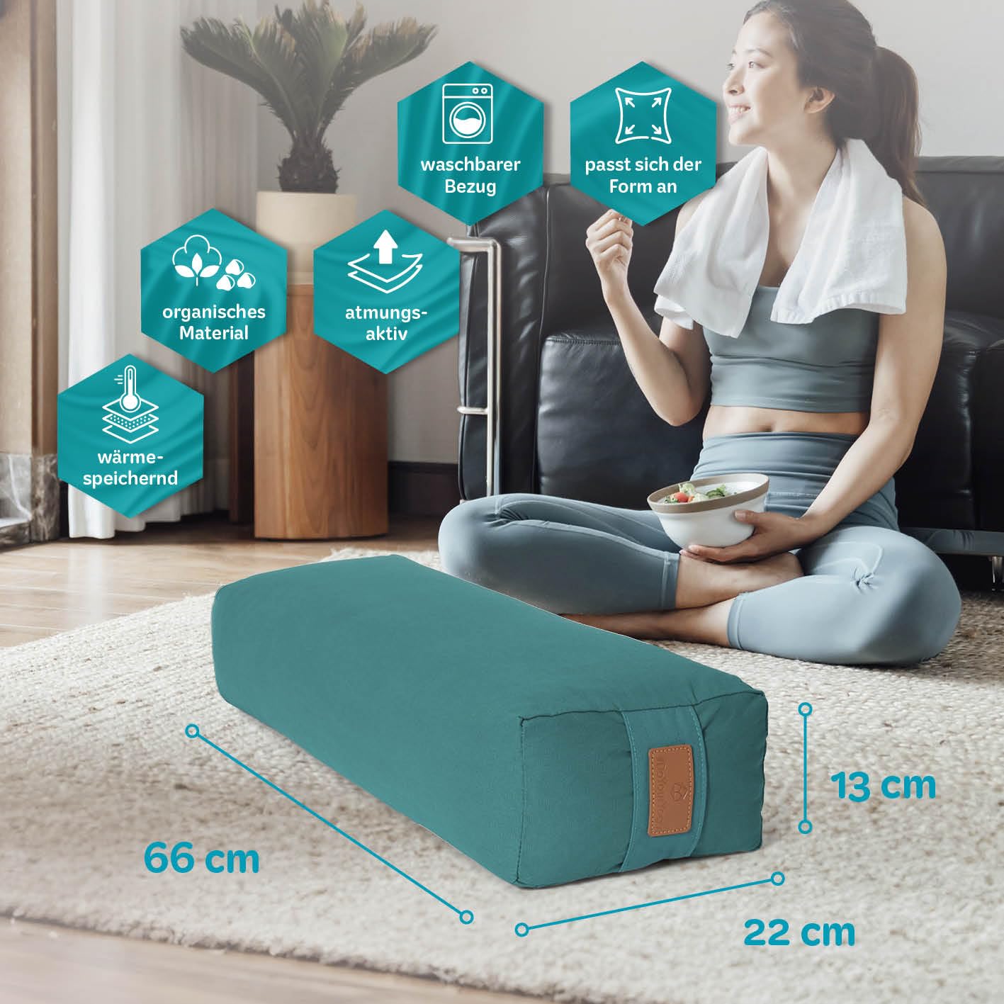 #DoYourYoga Yoga bolster "Paravati" with organic spelt filling, washable cover made of 100% cotton, 67cm x 13cm, yoga pillow/seat cushion/zafu cushion for Yin Yoga - dark green.
