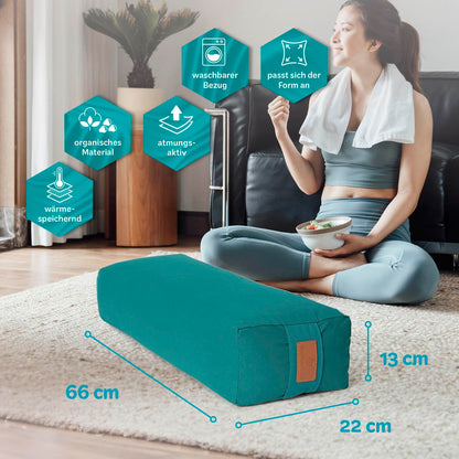 #DoYourYoga Yoga bolster "Paravati" with organic spelt filling, washable cover made of 100% cotton, 67cm x 13cm, yoga pillow/seat cushion/zafu cushion for Yin Yoga - dark green.