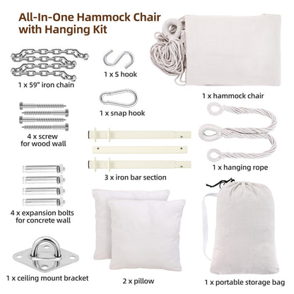 Ohuhu hanging chair with 2 pillows and ceiling hook kit, outdoor XL hanging chair up to 150 kg for adults & girls, hanging seat suspension for indoor/outdoor bedroom and garden (white rice)