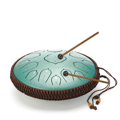 AMKOSKR Steel Tongue Drum, 14 inch 35 cm Steel Tongue Drum, D major 15 notes, Hand Drum HandPan Drum with drumsticks/ carrying bag (Green)
