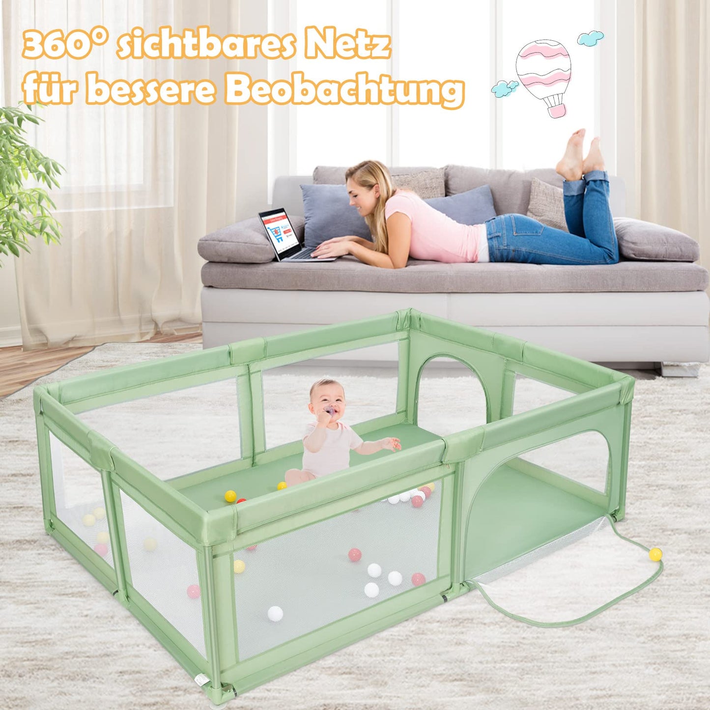 GOPLUS Baby Playpen with 50 Play Balls, Crawl Grid for Toddlers & Infants, Playpen Tent with Breathable Mesh, Travel Bed with 2 Doors and Zipper (No Mattress, Green)
