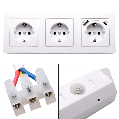 Corner socket surface mount, 3 outlets Schuko + USB-A + USB-C, 15 cm connection cable and terminal block for kitchen counter, office, workshop, 250V~/16A, white