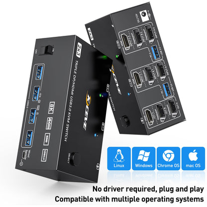KCEVE KVM switch for 2 computers and 3 monitors, USB 3.0 KVM switch HDMI + DisplayPort, 8K@60Hz/4k@144Hz triple monitor KVM switch for 2 computers, 3 displays, and 4 USB 3.0 devices.