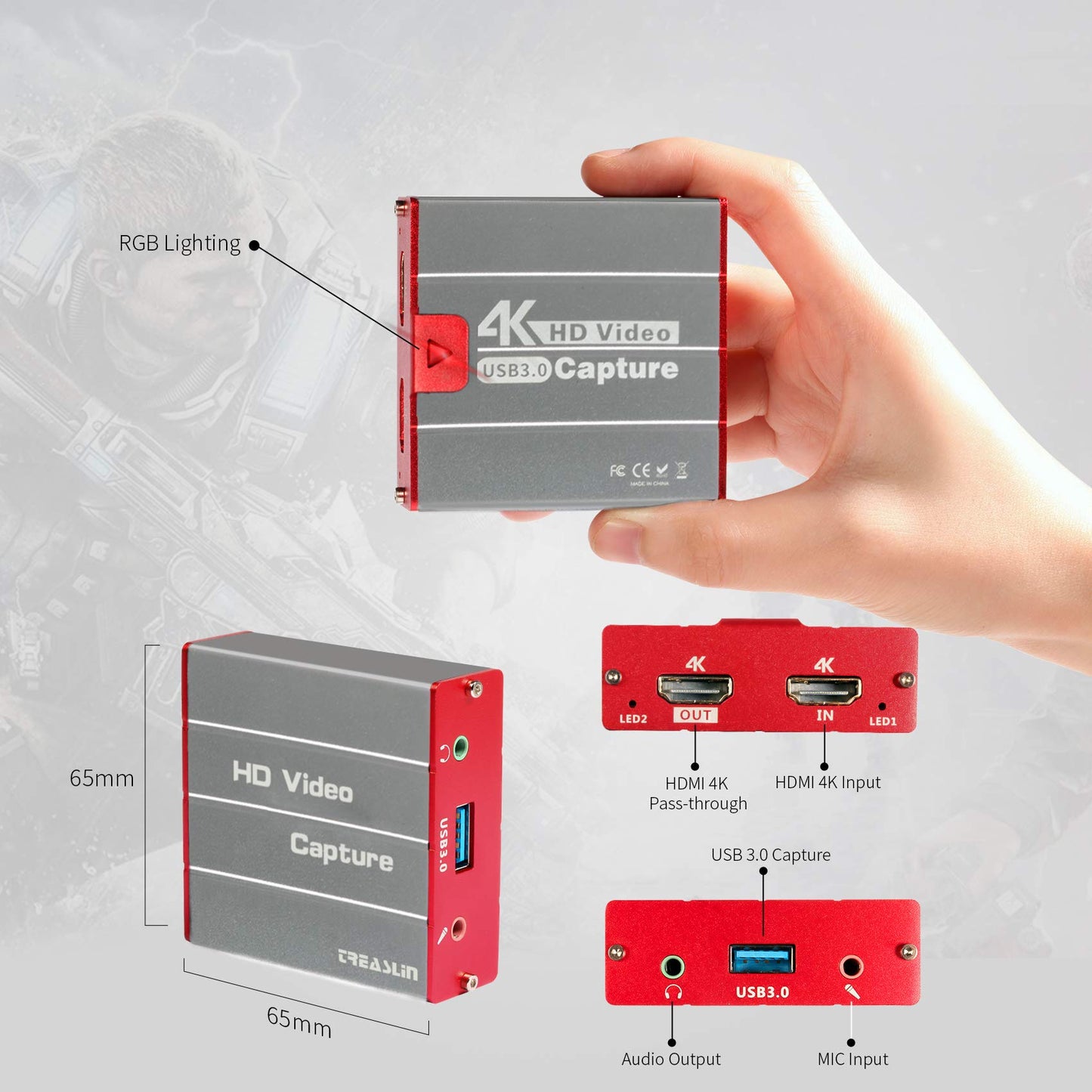 TreasLin Capture Card 4K, USB 1080P 60FPS Video Capture Card, HDMI passthrough works with DSLR Xbox PS4 PS5 Switch for OBS Twitch game live streaming and recording, 3.5mm Mic-in.