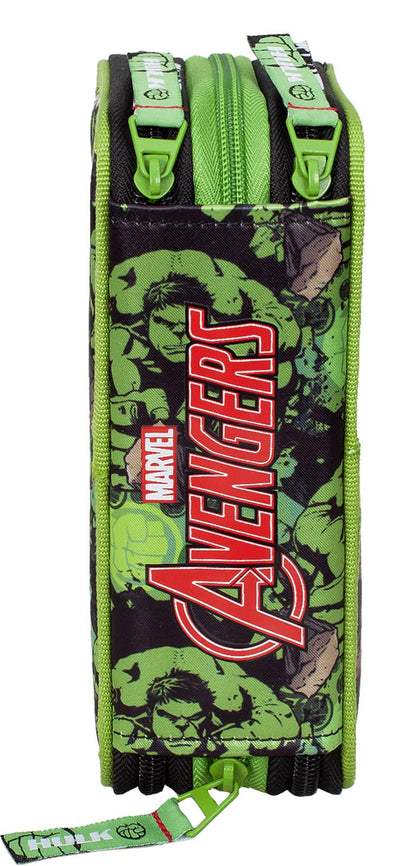 Clondo 3-compartment pencil case for Avengers Hulk fans - 44 pieces, fully filled - with scissors, ruler, colored pencils - Green - perfect for school & as a gift.