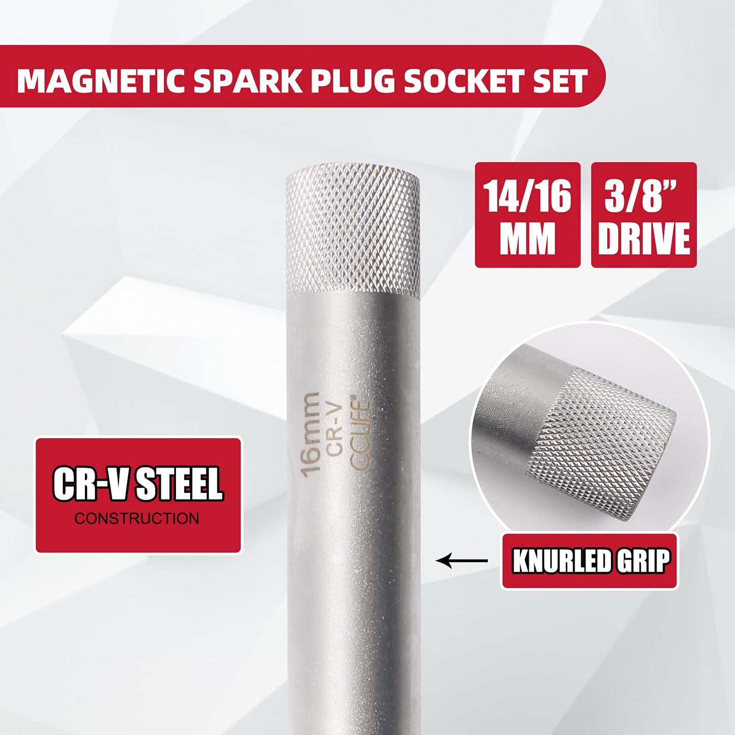 CCLIFE 2-piece magnetic spark plug socket 3/8" glow plug key tool SW 14mm 16mm Extra long 250mm
