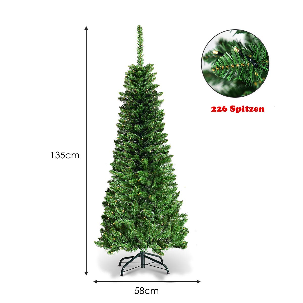 COSTWAY 135/200/225cm pencil Christmas tree with warm white LED lights, artificial fir tree with folding system and metal stand, PVC needles, green artificial Christmas tree (135cm)