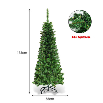 COSTWAY 135/200/225cm pencil Christmas tree with warm white LED lights, artificial fir tree with folding system and metal stand, PVC needles, green artificial Christmas tree (135cm)