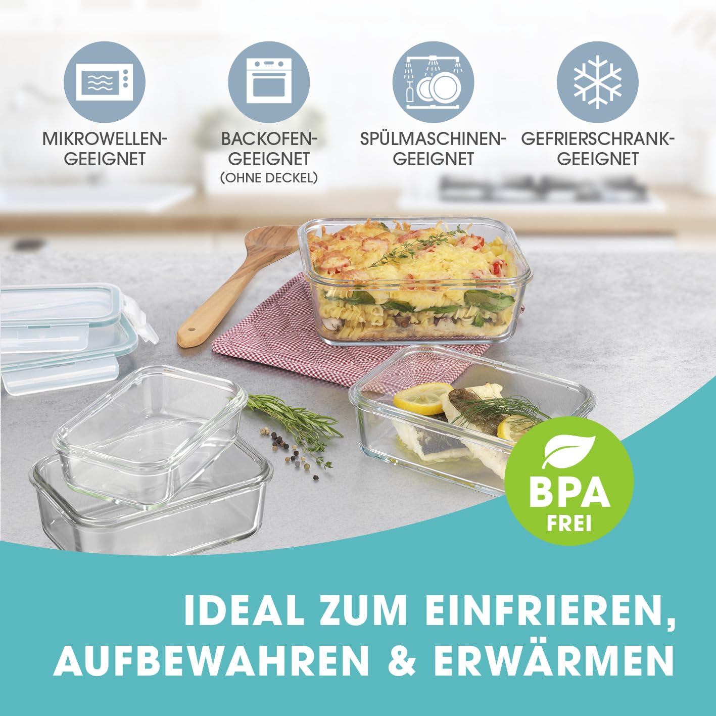 GOURMETmaxx Glass Storage Containers Klick-it 8-piece set | Perfect for sandwiches or meal prep | Dishwasher, microwave, and freezer safe | Storage box with lid