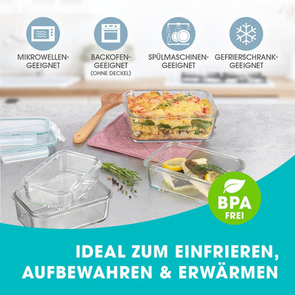 GOURMETmaxx Glass Storage Containers Klick-it 8-piece set | Perfect for sandwiches or meal prep | Dishwasher, microwave, and freezer safe | Storage box with lid