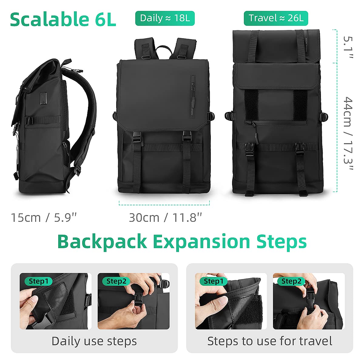 MARK RYDEN Rolltop Backpack with 3-Size-Technology, 15.6" Laptop Compartment, Water-Resistant, Compass, RFID-Blocking for Work, School, Travel, and Sports. Perfect for Men and Women.