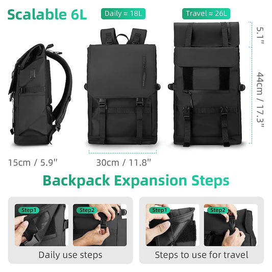 MARK RYDEN Rolltop Backpack with 3-Size-Technology, 15.6" Laptop Compartment, Water-Resistant, Compass, RFID-Blocking for Work, School, Travel, and Sports. Perfect for Men and Women.