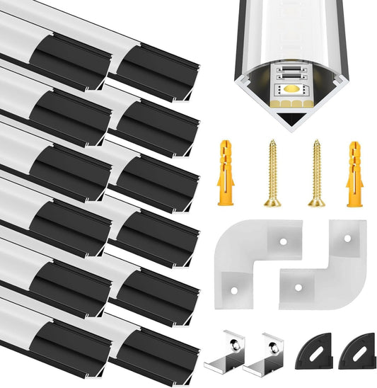12 Pack LED Channel Black for 12mm LED Strips, V Shape Aluminum Profile Rail, Aluminum Profile, Stripes Aluminum Profile with Milky White Cover, Strip Diffuser with 45 Degree Corner Connectors.