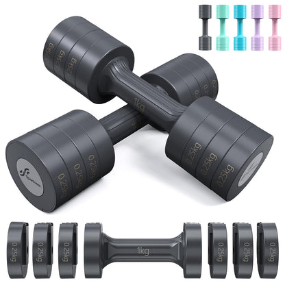 Dumbbells set, Sportneer Adjustable Dumbbells Women Set 1-2.5 kg each, 4-in-1 Dumbbells 2 Set, Adjustable Dumbbell Set for Home Gym, Fitness, Strength Training, Gift (Black-Gray)