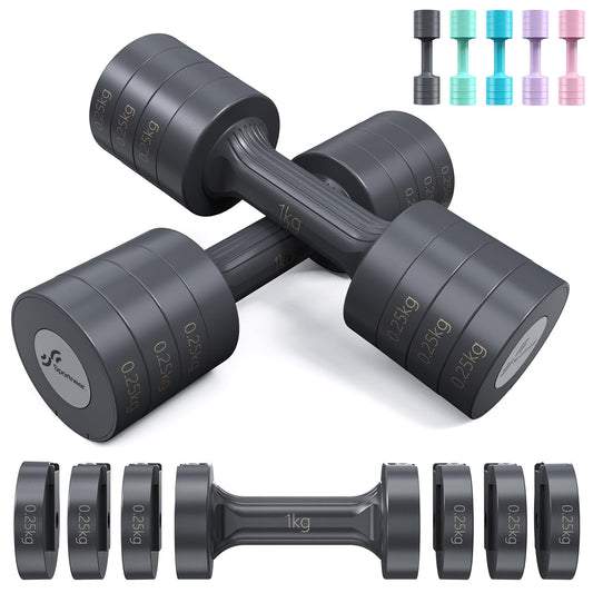 Dumbbells set, Sportneer Adjustable Dumbbells Women Set 1-2.5 kg each, 4-in-1 Dumbbells 2 Set, Adjustable Dumbbell Set for Home Gym, Fitness, Strength Training, Gift (Black-Gray)