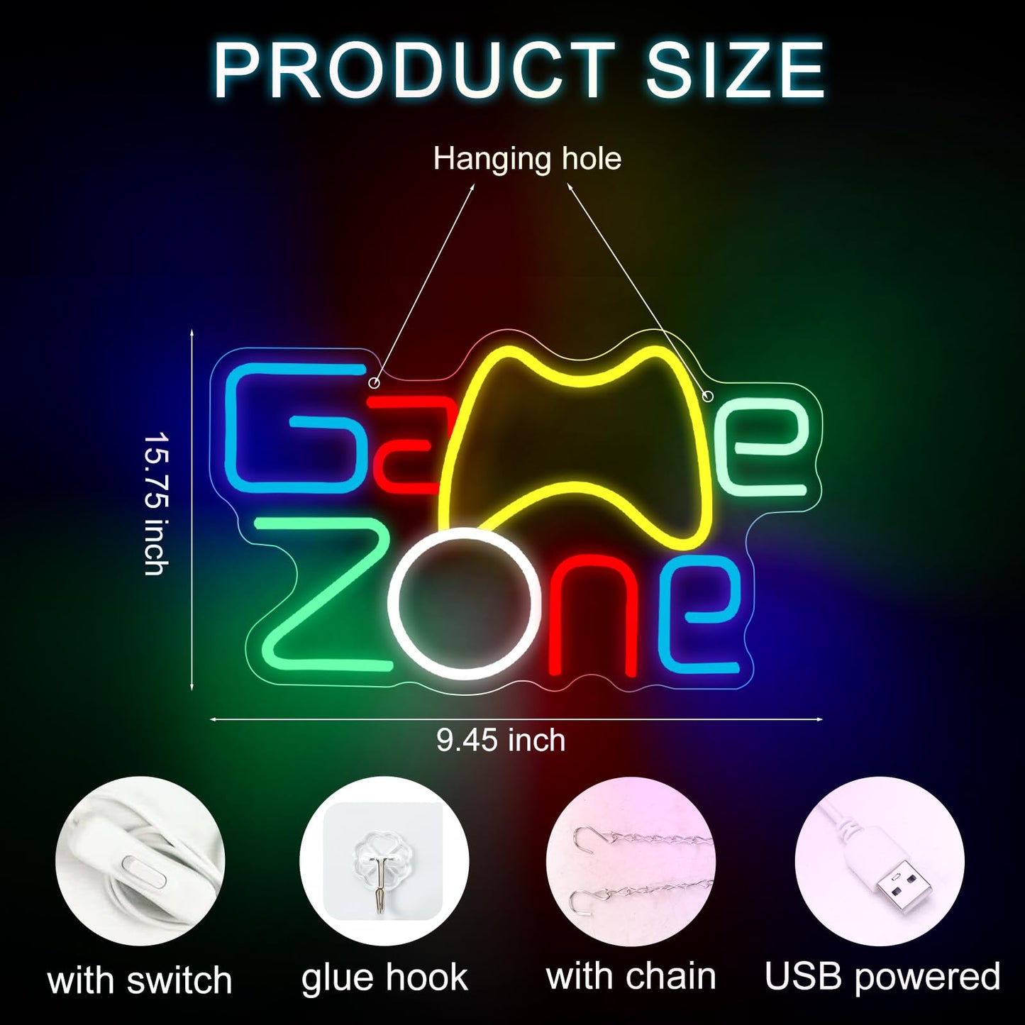 Neon light sign, game neon sign for game zone gaming. Neon sign light decoration for game room, bar, party, children's room. Perfect gift for boys.