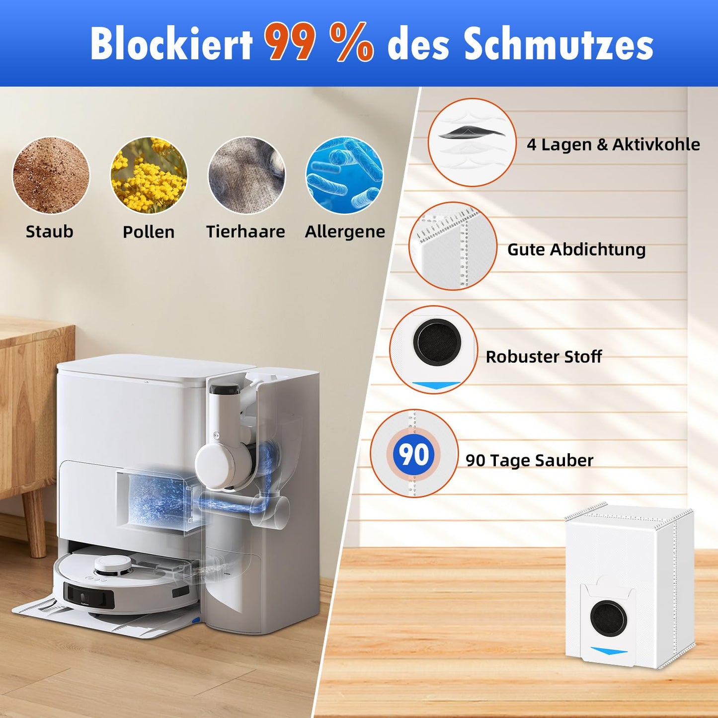 18 pieces of accessories for Ecovacs Deebot T30S Combo/ T30S Combo Complete robot vacuum, including 1 main brush, 4 dust bags, 4 wiping cloths, 4 filters, 4 side brushes, and 1 cleaning brush.