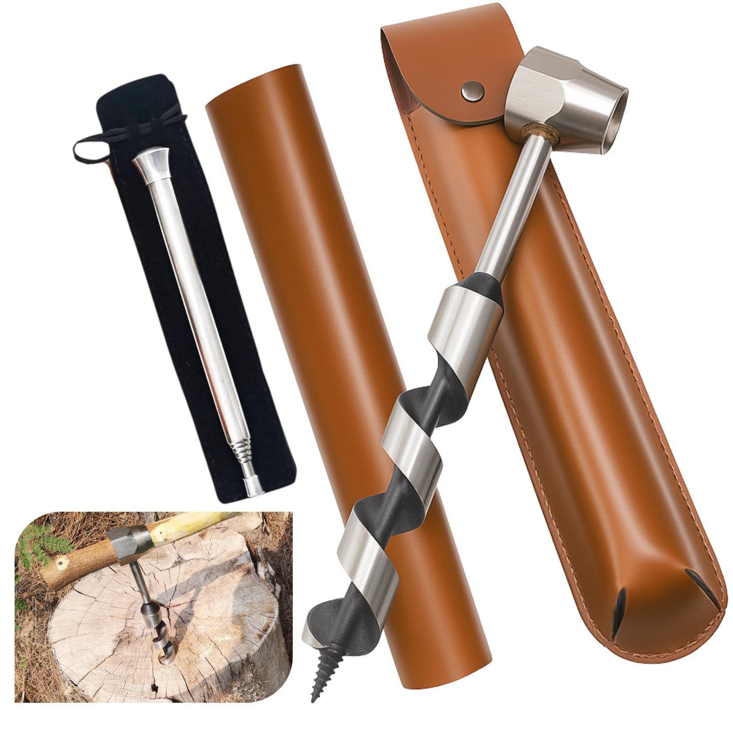 Hand drill Bushcraft Manual screwdriver, Hand drill Outdoor Auger Bushcraft with Holster & Blow Fire Tube, Wood drill Scotch Eye for outdoor/camping/bushcraft settlers.